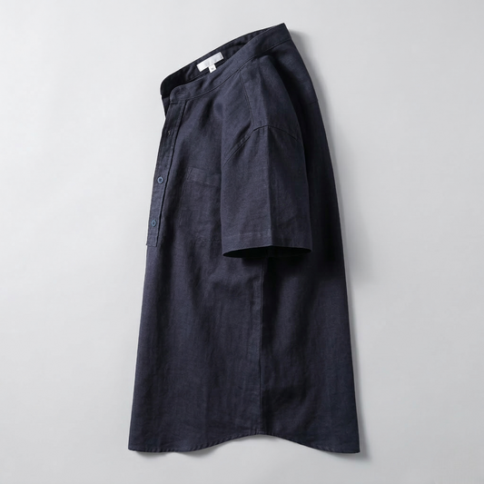 Navy Linen Grandad Collar Henley Shirt