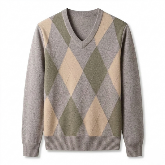 Argyle V-Neck Wool Blend Sweater