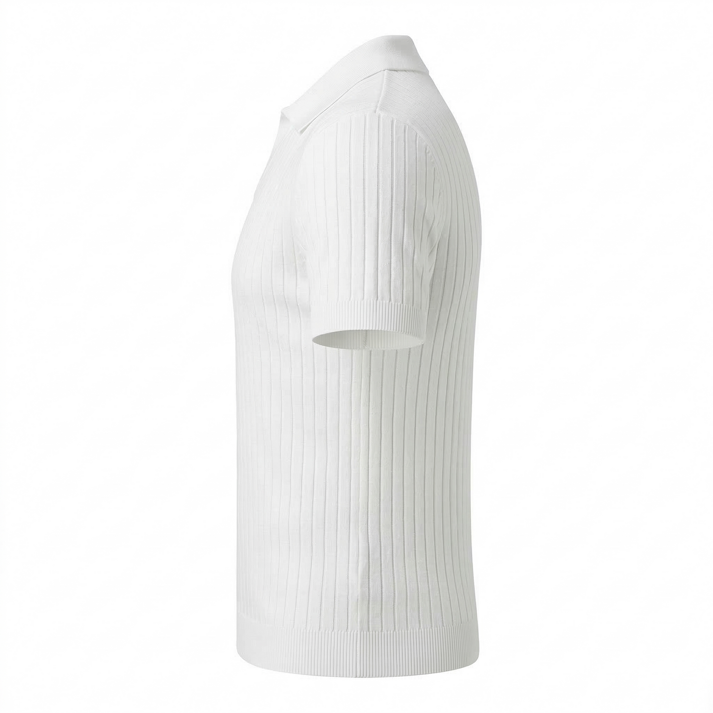 White Ribbed Knit Open Collar Polo