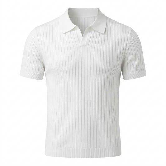 White Ribbed Knit Open Collar Polo