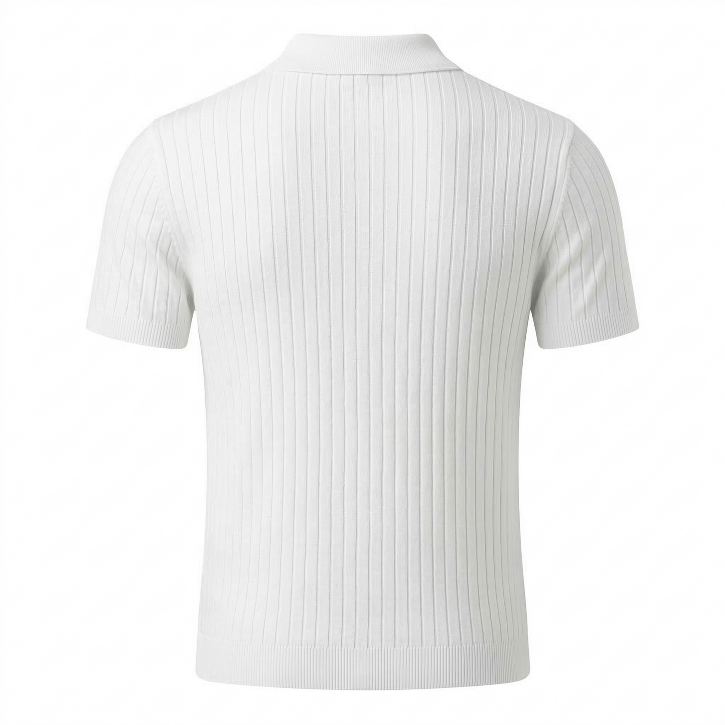 White Ribbed Knit Open Collar Polo