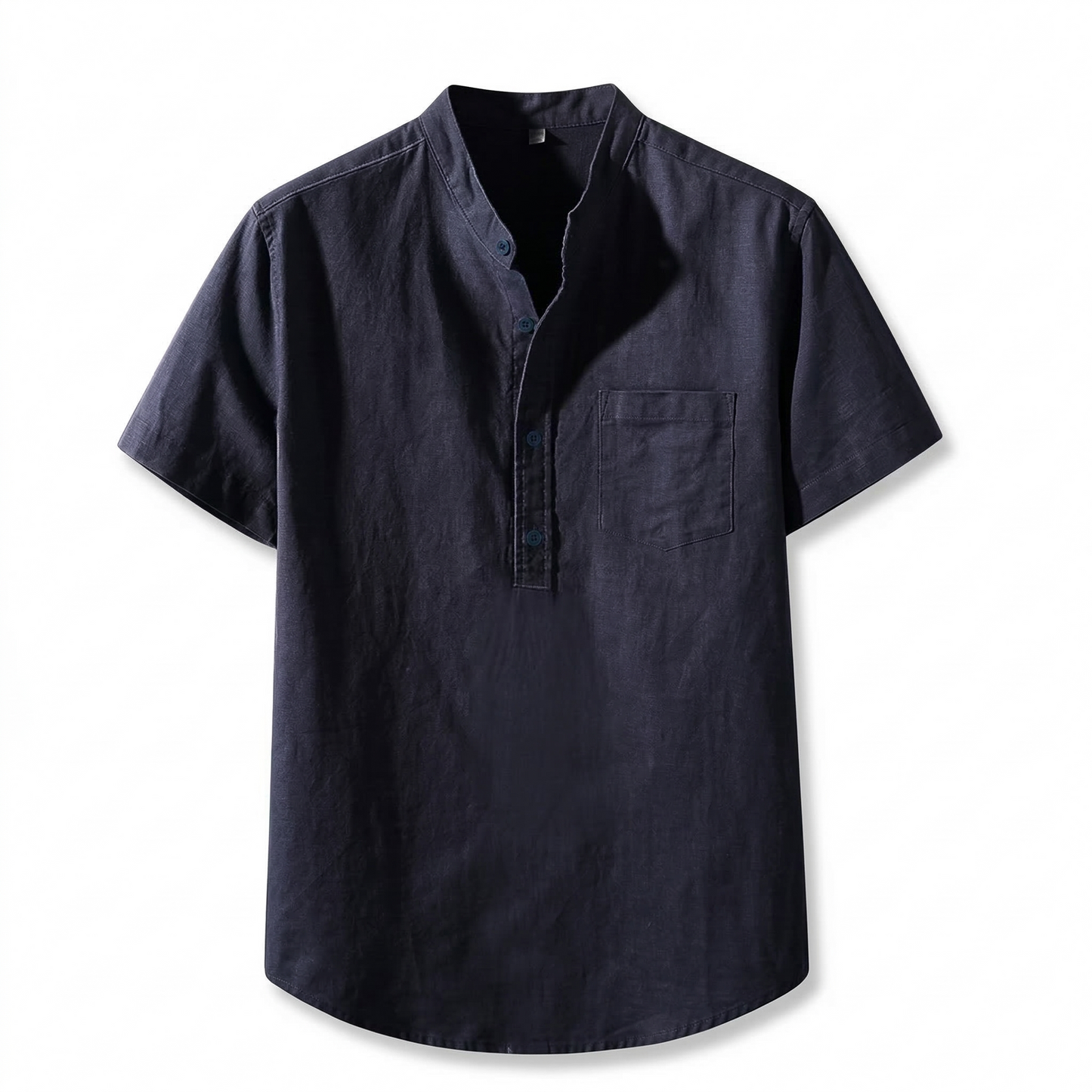 Navy Linen Grandad Collar Henley Shirt