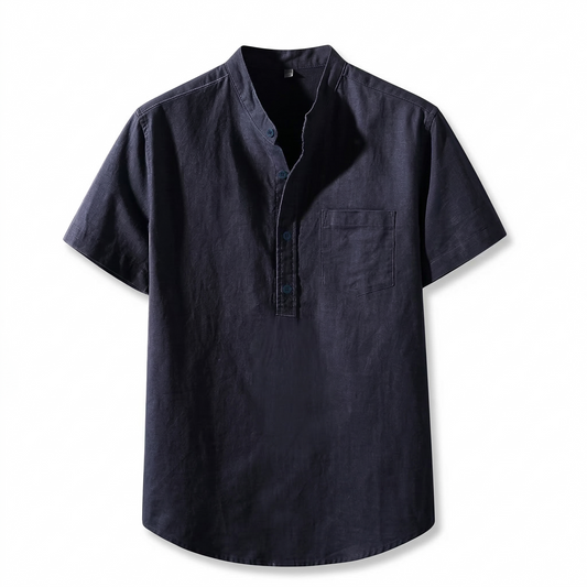 Navy Linen Grandad Collar Henley Shirt
