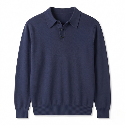 Navy Blue Ribbed Knit Polo Sweater